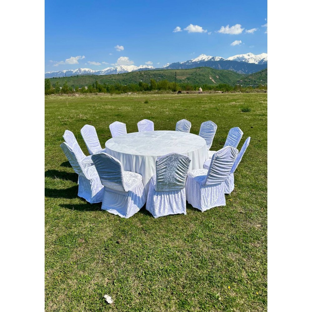 Комплект: круглый стол 180см с белой скатертью и стулья Вена-Лайт с чехлами на 12 персон