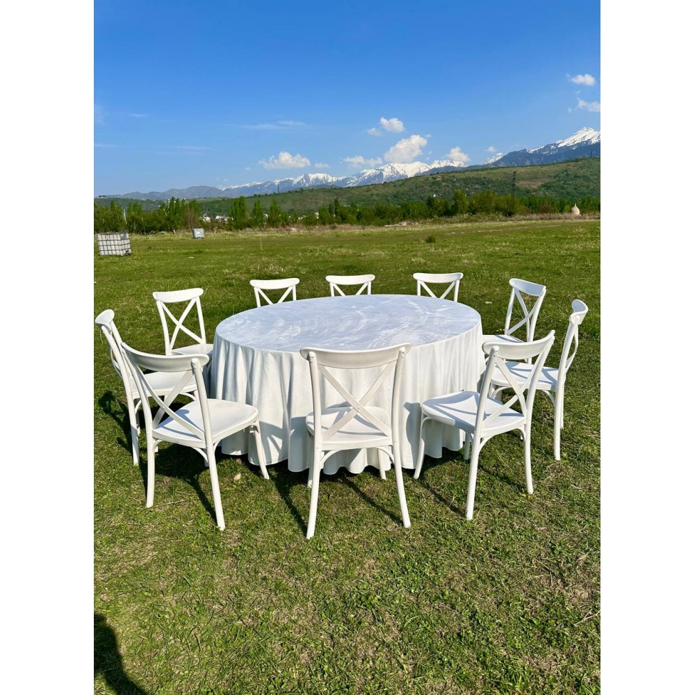 Комплект: круглый стол со скатертью и стулья «Кантри» белые на 10 персон